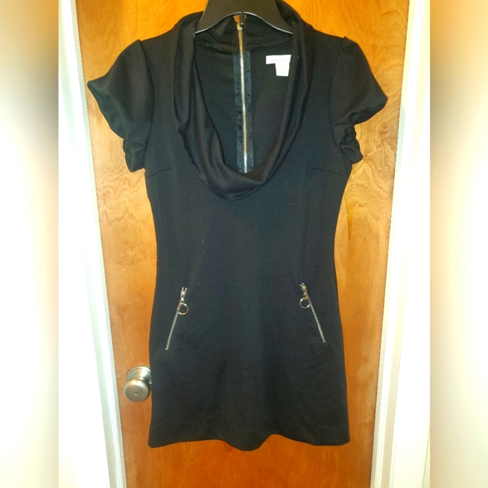Black Cowl Neck Dress Short Sleeve Zip Front Bodycon Mini Dress Zipper Pocket De